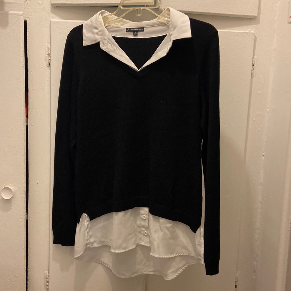 Adrianna Papell Collared Sweater Tunic Black White Medium
